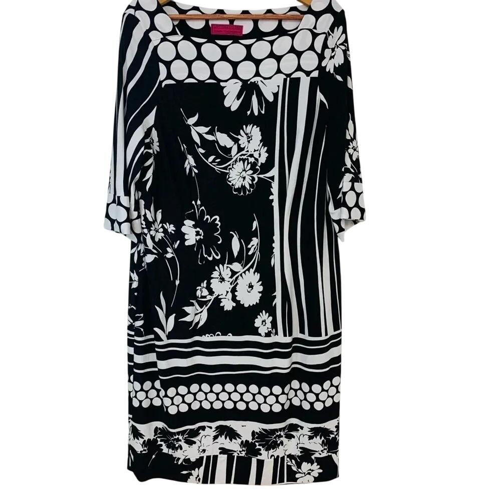 Melissa Masse Shift Dress 1X Black White Career Travel Knee Length Stretch Work